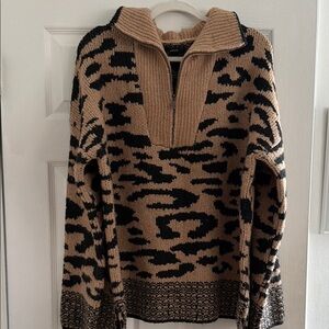 Aqua Animal Print Half-Zip Sweater